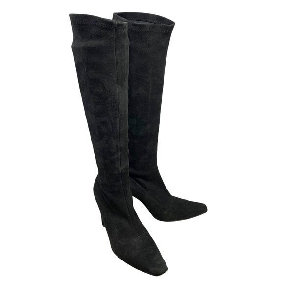Bergdorf Goodman Black Suede Stretch Pull On Heeled‎ Tall Boots - Picture 14 of 14